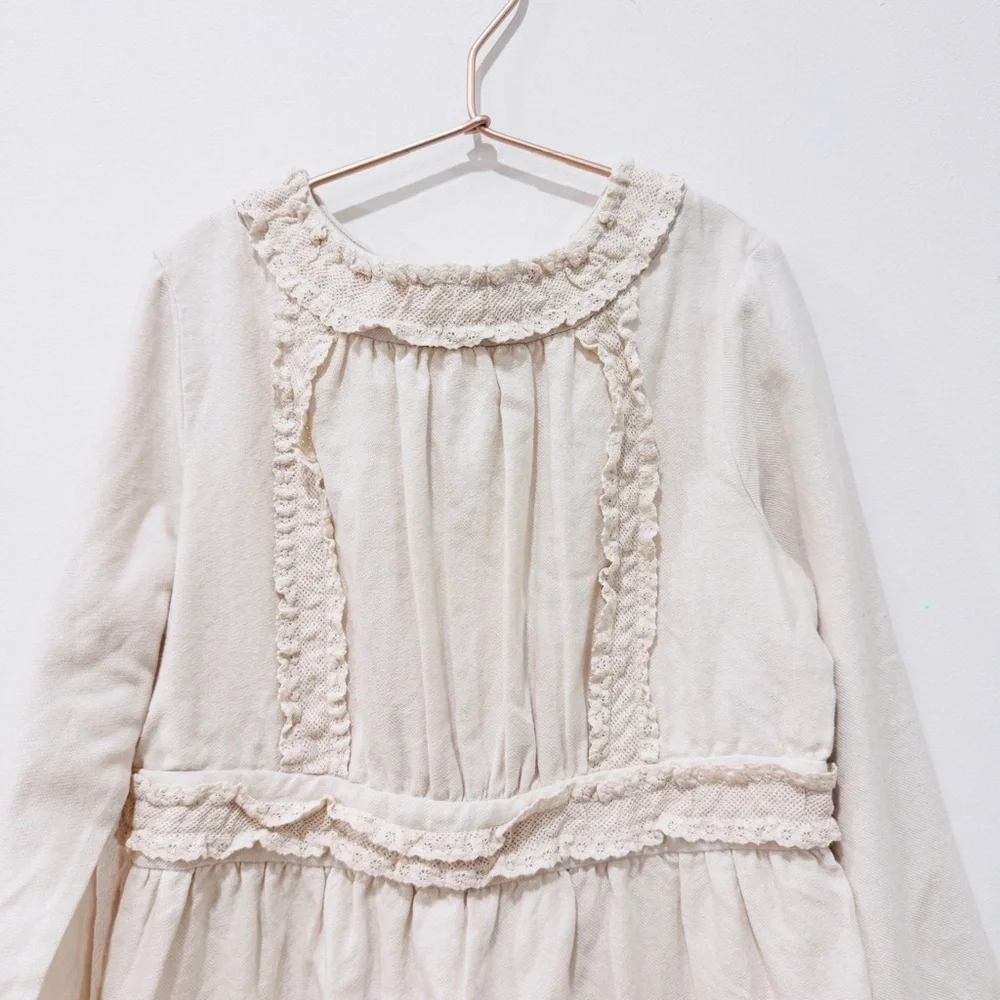 Bonpoint little girls cotton and wool cottagecore Cream Long Sleeve Dress NEW